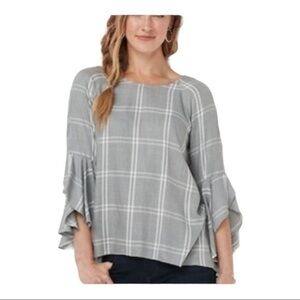 LC LAUREN CONRAD Windowpane Plaid Bell Sleeves Blouse Grey White NWT Small